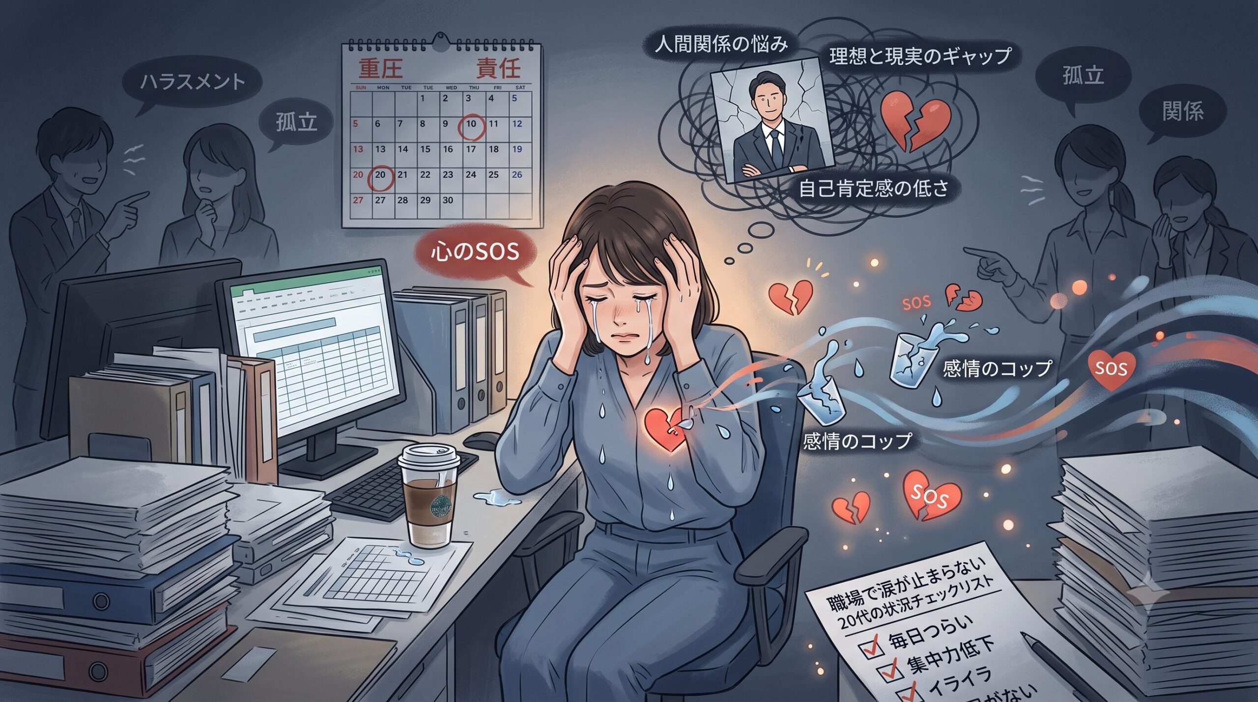 職場で泣く原因と心のSOSを示した図