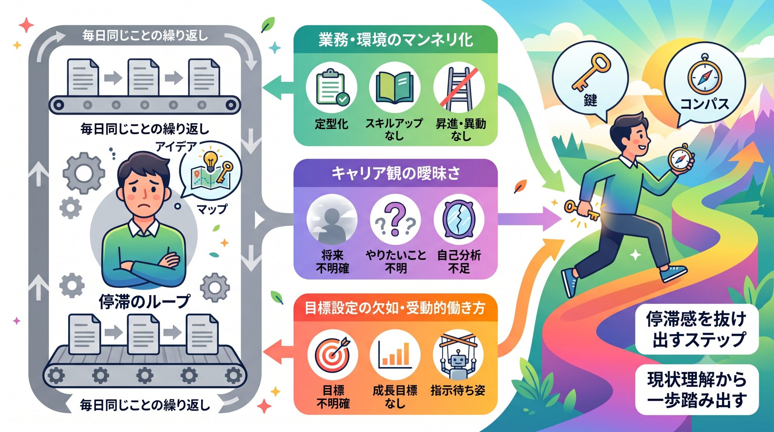 キャリアの停滞感を抜け出すためのステップを示す図