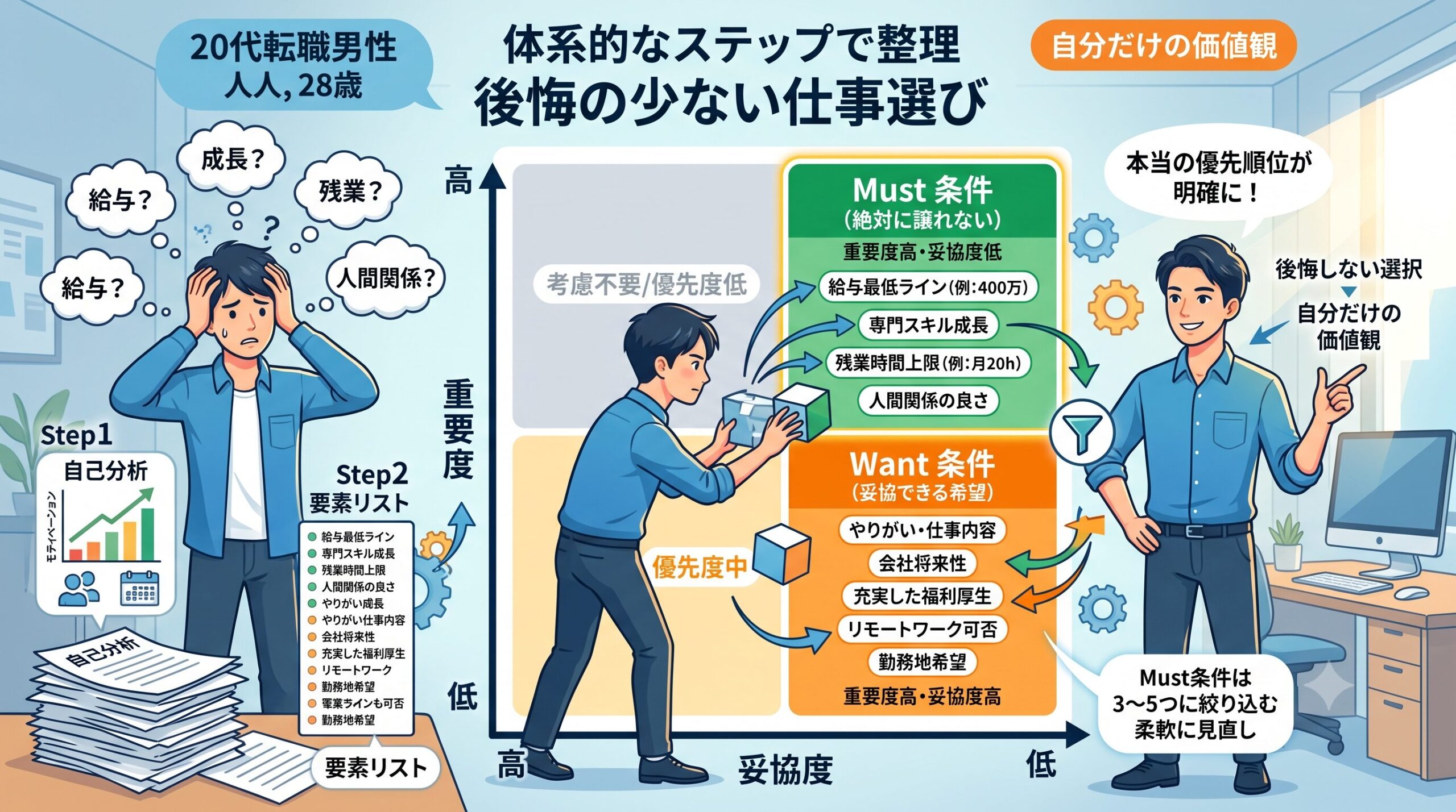 20代が仕事選びの優先順位をマトリクスで整理するイメージ