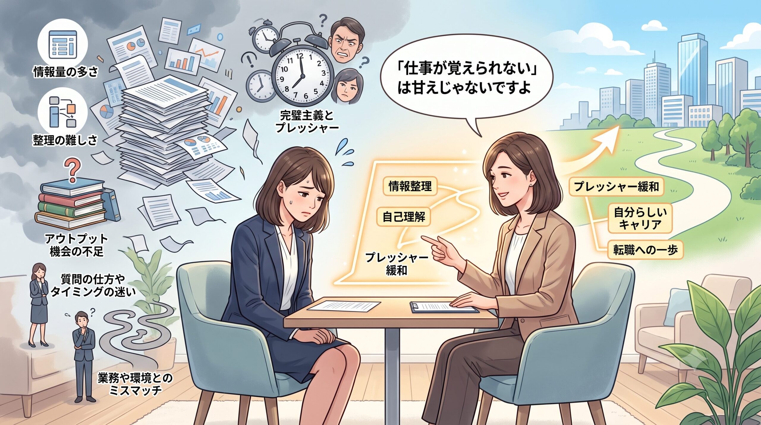 仕事が覚えられない原因の一般的な図解。情報過多、プレッシャー、アウトプット不足、質問への躊躇、業務ミスマッチの5つの要素が挙げられている。