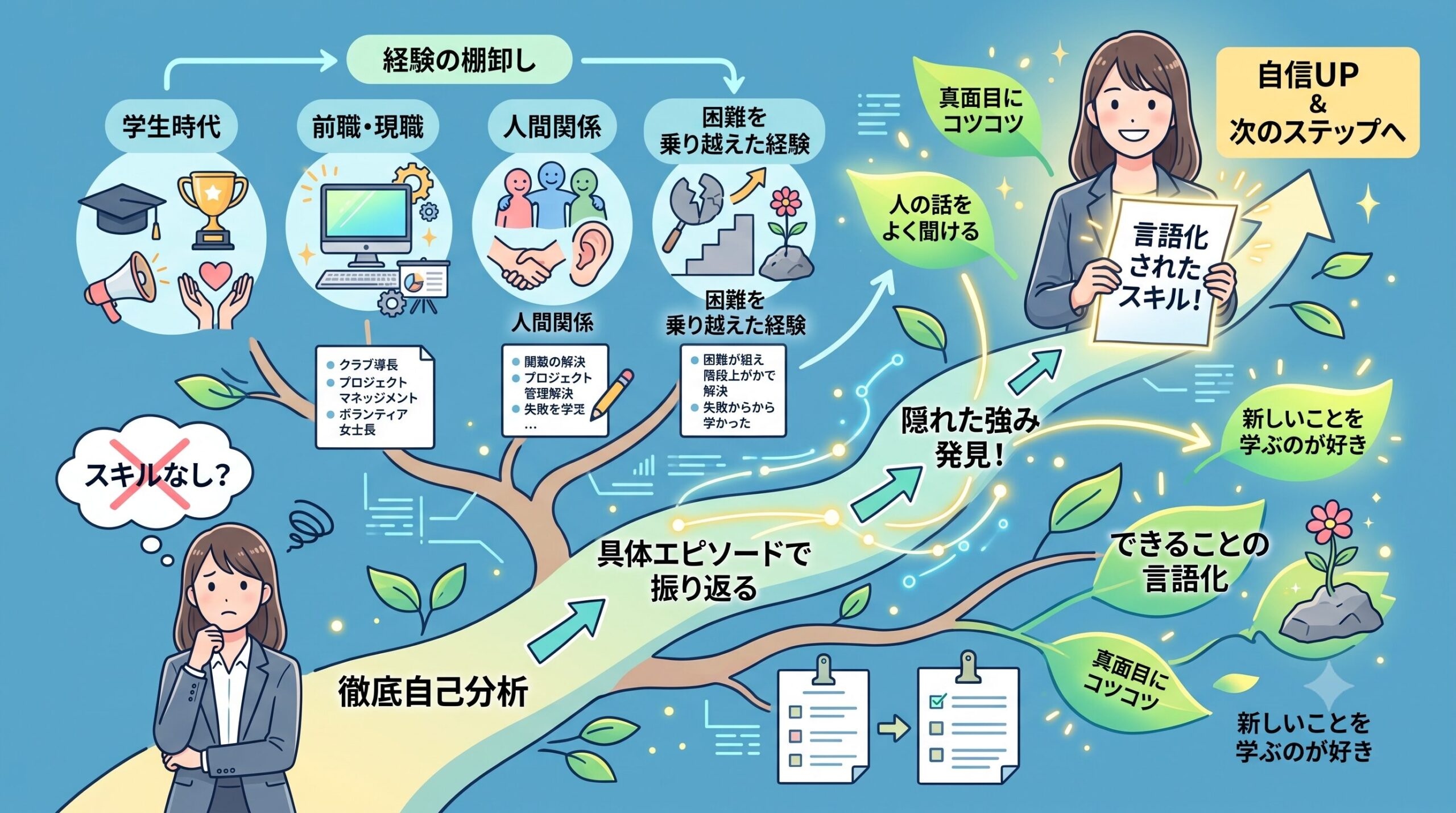 自己分析の具体的なステップと問いかけをまとめた図