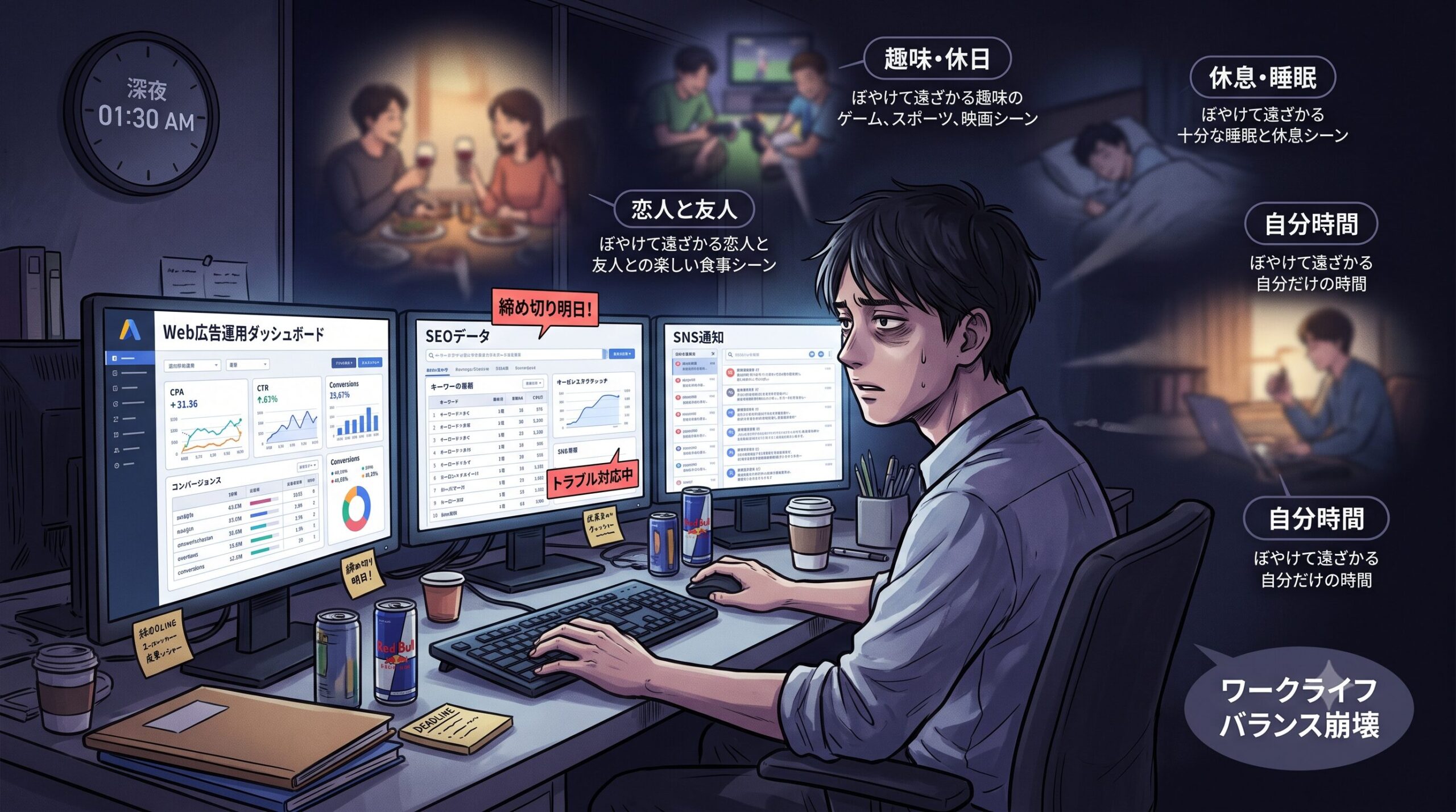パソコンに向かい残業する人、疲れた表情