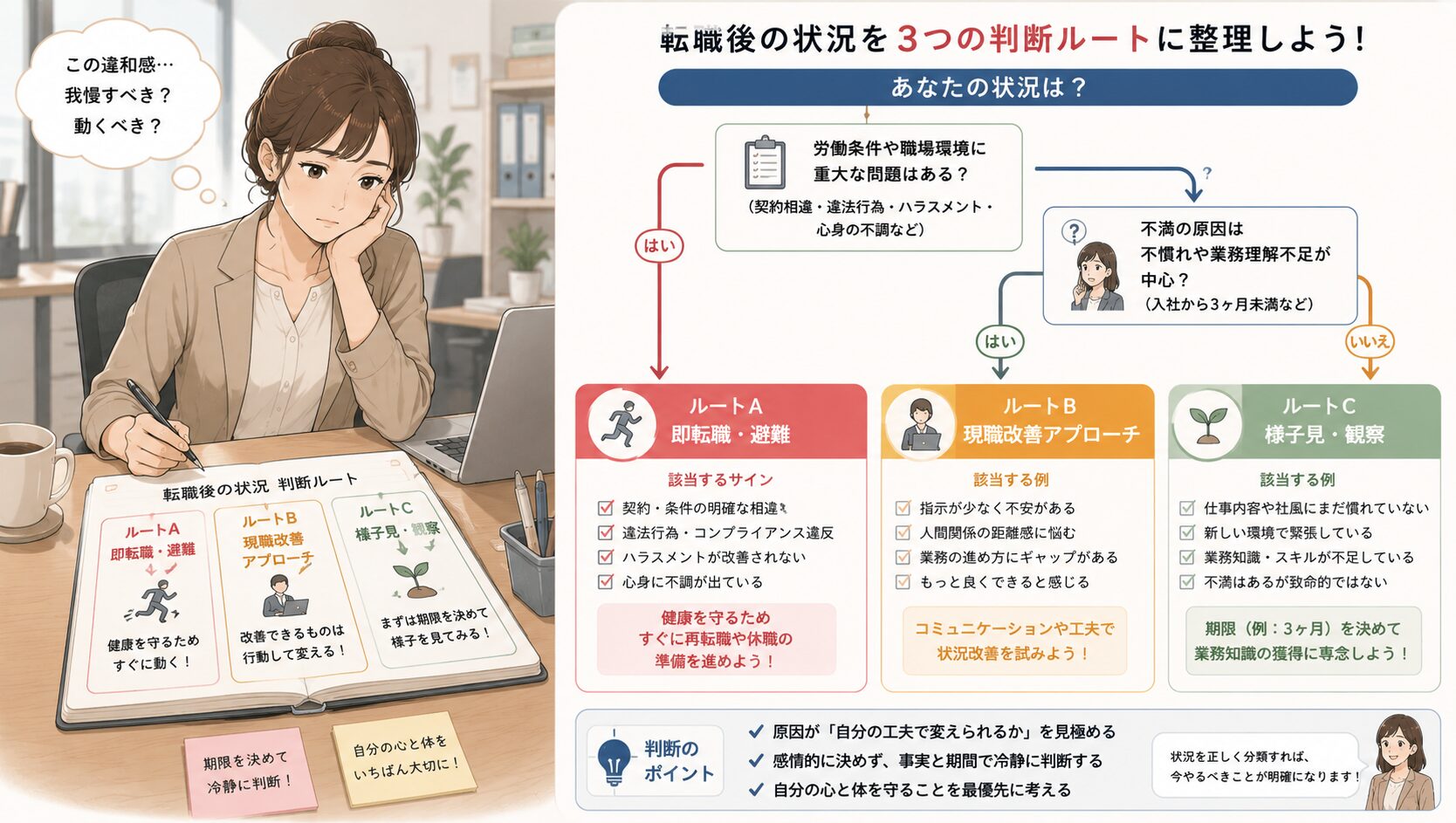転職後のミスマッチに気づき現職改善と再転職を整理する20代女性のイメージ(画像差し替え予定)
