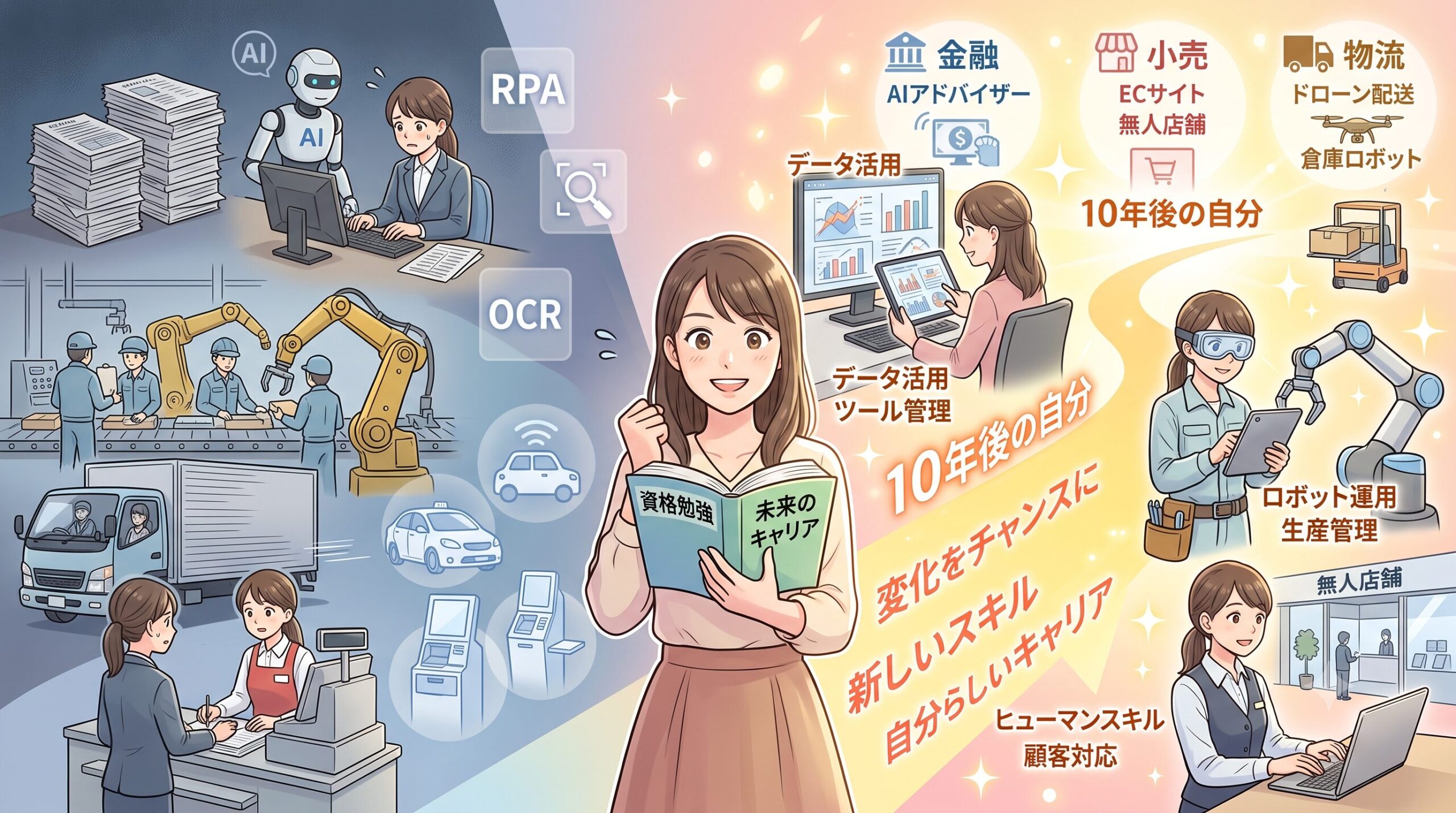 AIや自動化が進む中で自分のキャリアをどのように描くか悩む若手社員のイメージ