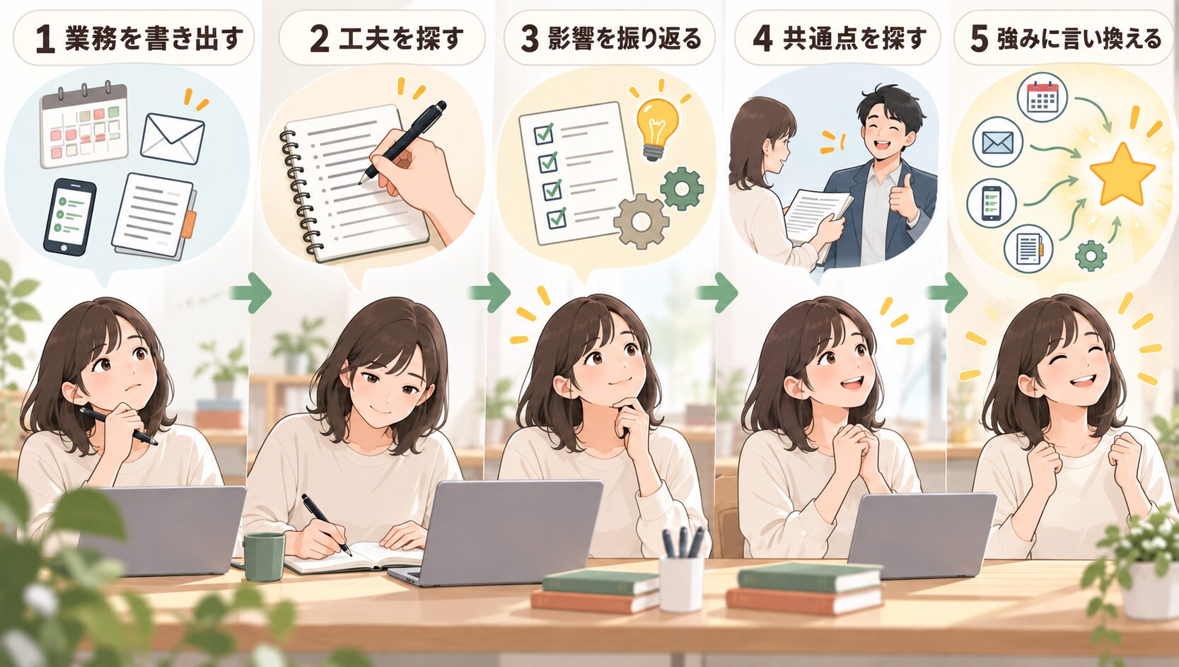 日常業務を書き出して自分の強みを見つける5ステップのイメージ