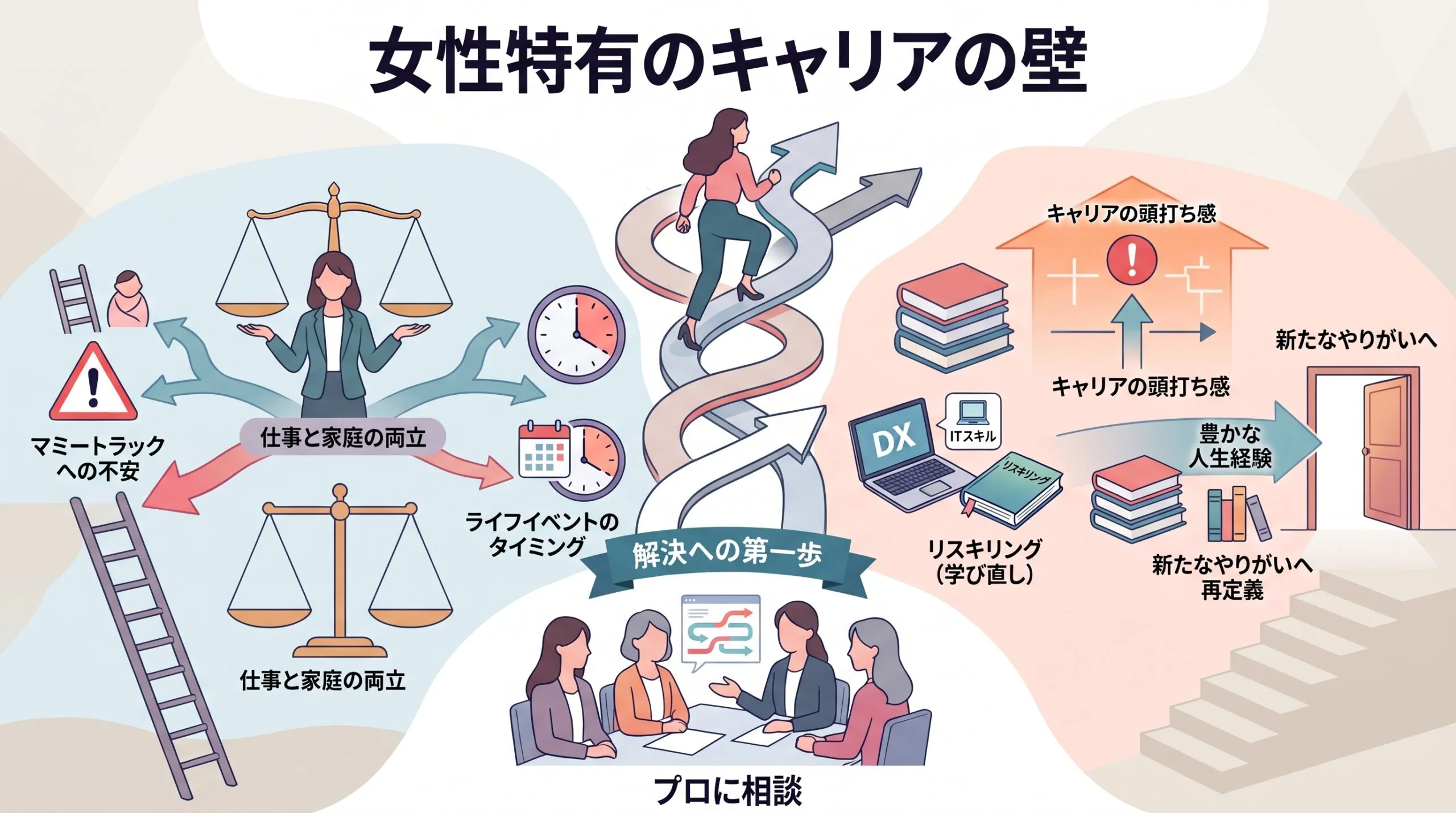 3Dレンダリングスタイルのミニマルな女性のイラスト：キャリアの壁に直面し立ち止まる様子